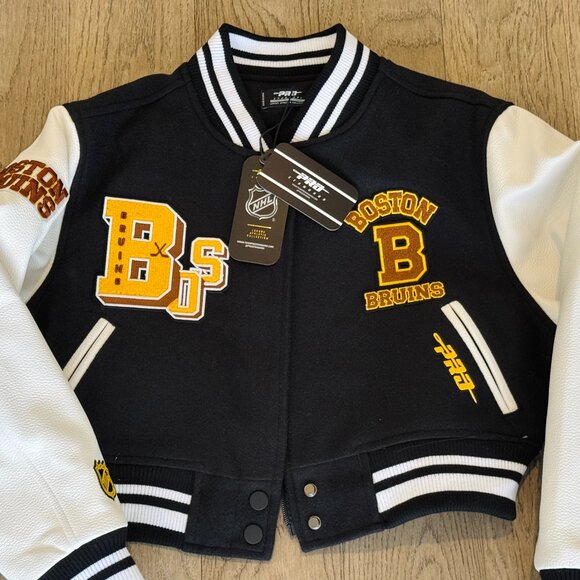 NWT Premium Women's Pro Standard Boston Bruins NHL CROPPED Varsity Jacket - Picture 1 of 3